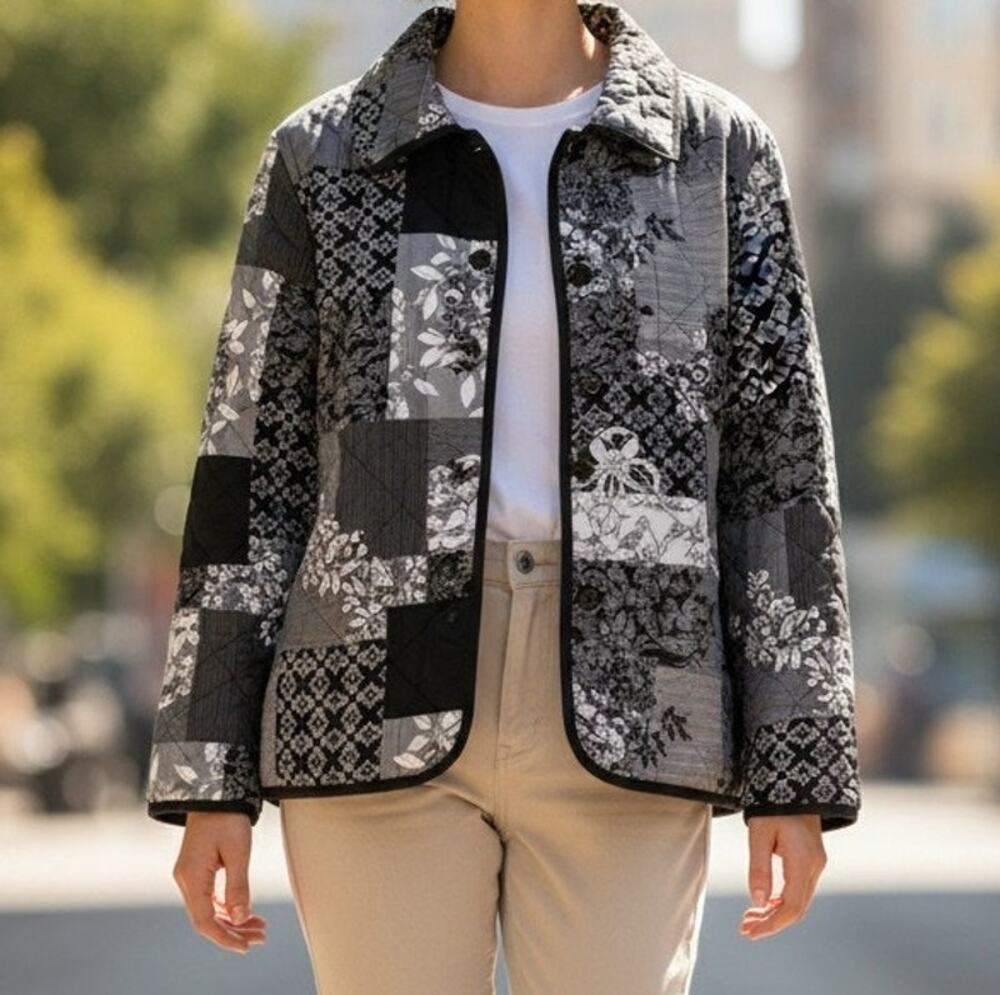Draper's & Damon's Black White Patchwork Jacket Womens Medium Button Uputton Up